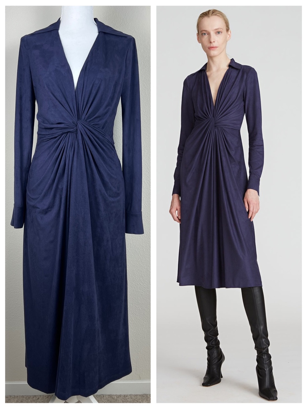 NWOT Halston Imani Suede Shirt Dress Sz 2 Navy‎ Draped Twist Front Minimalist